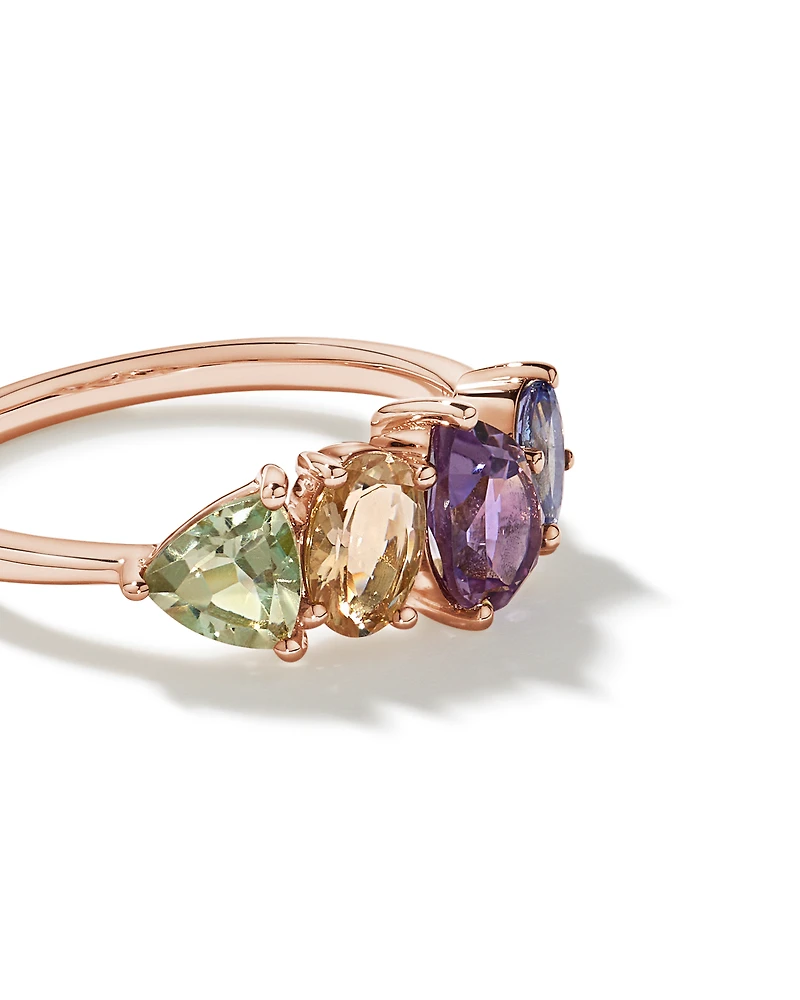 Bague multi-gemmes en améthyste verte, morganite, rose et tanzanite or 10 carats