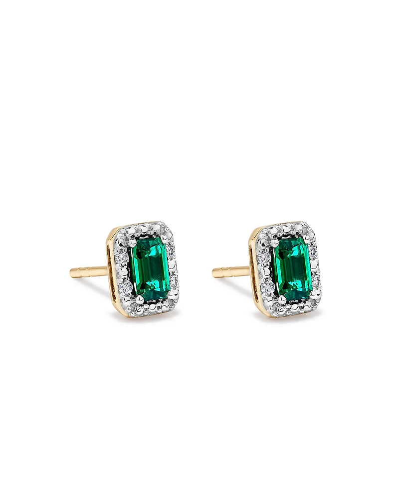 Created Emerald & 0.10 Carat TW Laboratory-Grown Diamond Halo Ring in 10kt Yellow Gold and Rhodium