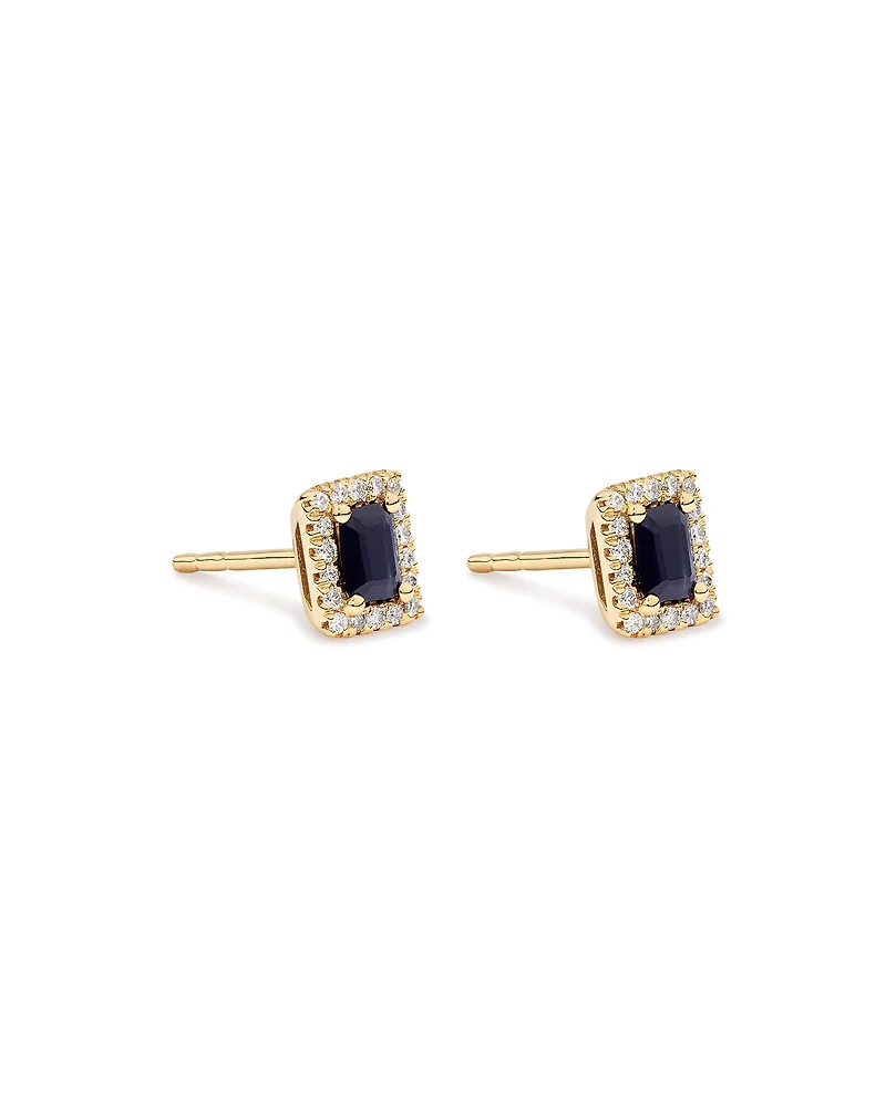 Emerald Cut Blue Sapphire Gemstone and 0.10 Carat TW Diamond Halo Stud Earrings in 10kt Yellow Gold