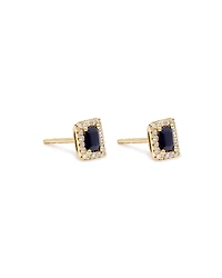 Emerald Cut Blue Sapphire Gemstone and 0.10 Carat TW Diamond Halo Stud Earrings in 10kt Yellow Gold