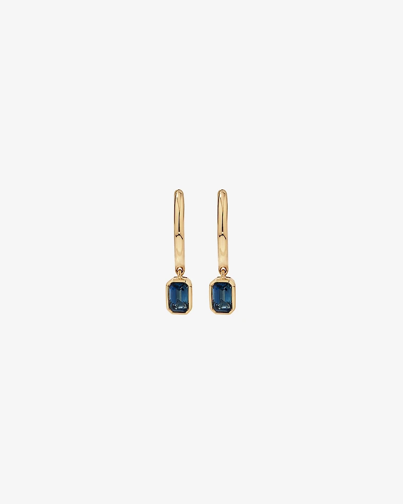 Australian Sapphire Emerald Cut Bezel Set Drop Hoop Earrings in 10kt Yellow Gold