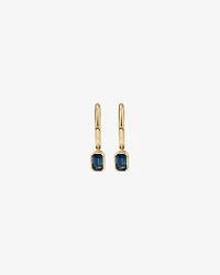 Australian Sapphire Emerald Cut Bezel Set Drop Hoop Earrings in 10kt Yellow Gold