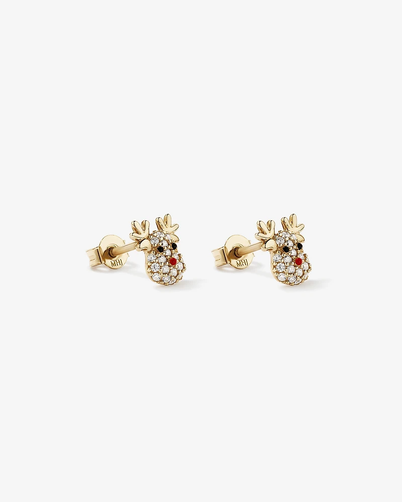 Reindeer Stud Earrings with Cubic Zirconia in 10kt Yellow Gold