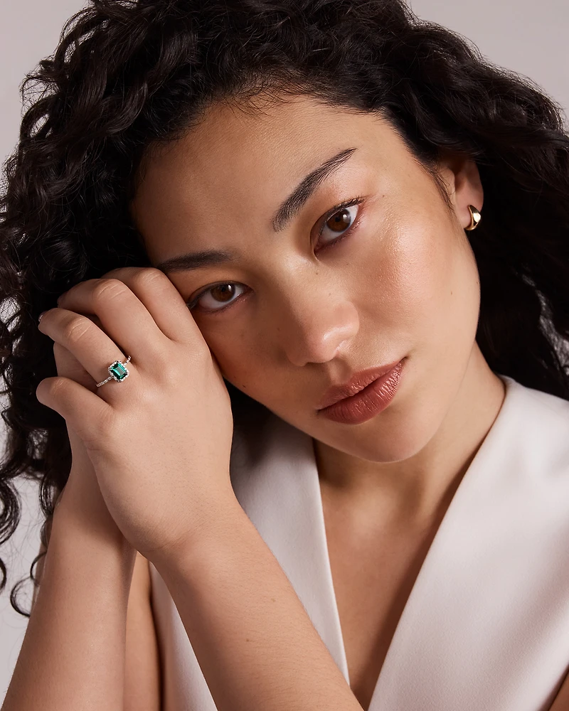 Emerald Cut Green Created Emerald and Lab-Grown Diamond Halo Ring in 10kt Yellow Gold and Rhodium