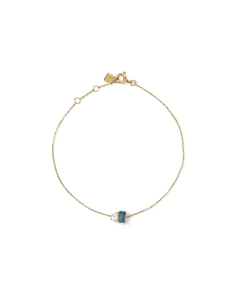 Pear-Cut White Sapphire and Emerald-Cut London Blue Topaz Toi Et Moi Bracelet in 10kt Yellow Gold