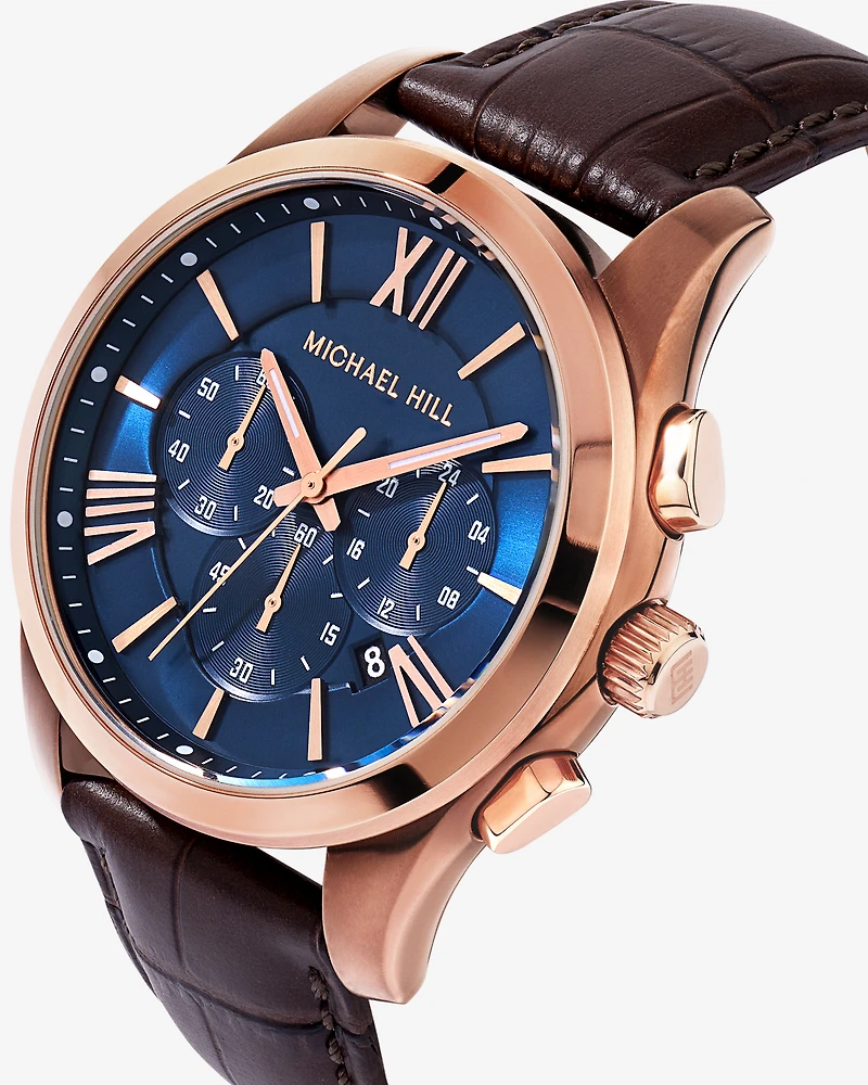 Men's Chronograph Watch in Rose Tone Stainless Steel and Brown Leather