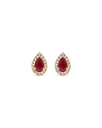 Pear Cut Red Ruby Gemstone and 0.09 Carat TW Diamond Halo Stud Earrings in 10kt Yellow Gold