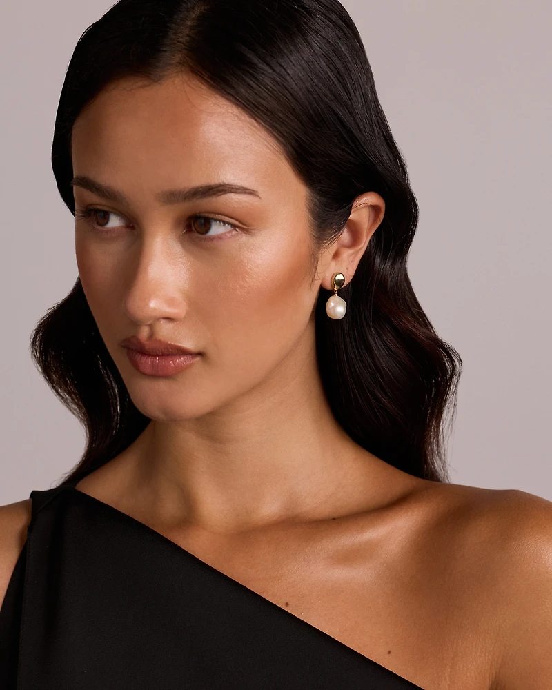 Baroque Cultured Freshwater Pearl Drop Dome Earrings in 10kt Yellow Gold