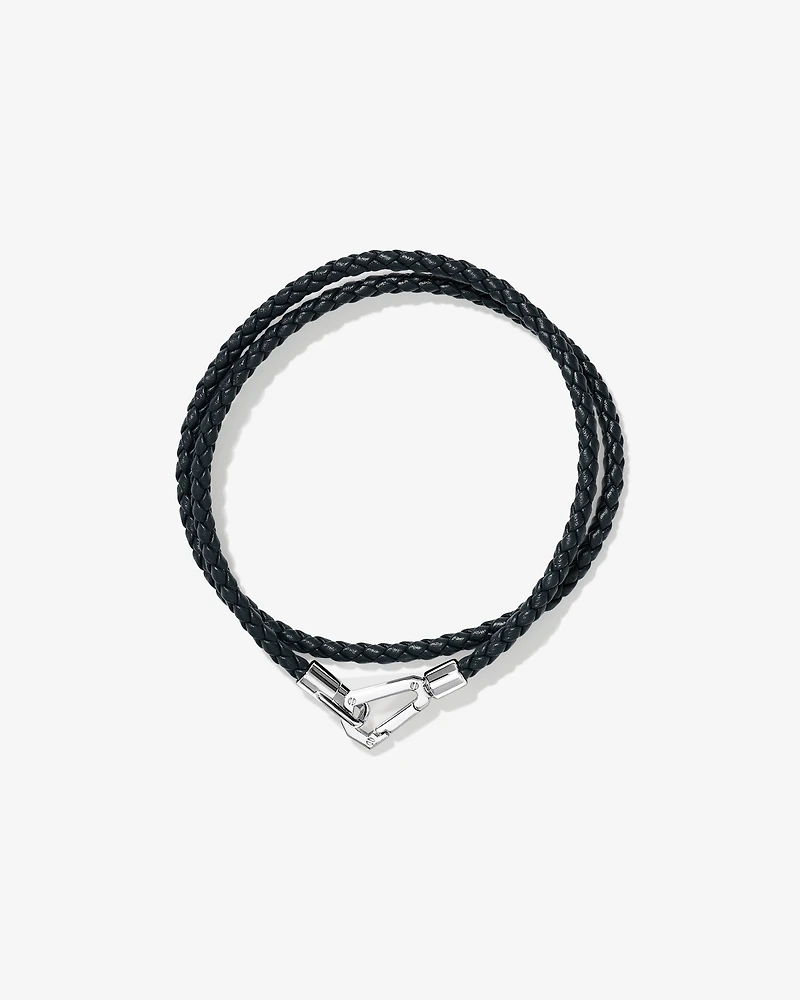 Men's Braided Leather Double Wrap Bracelet in Sterling Silver