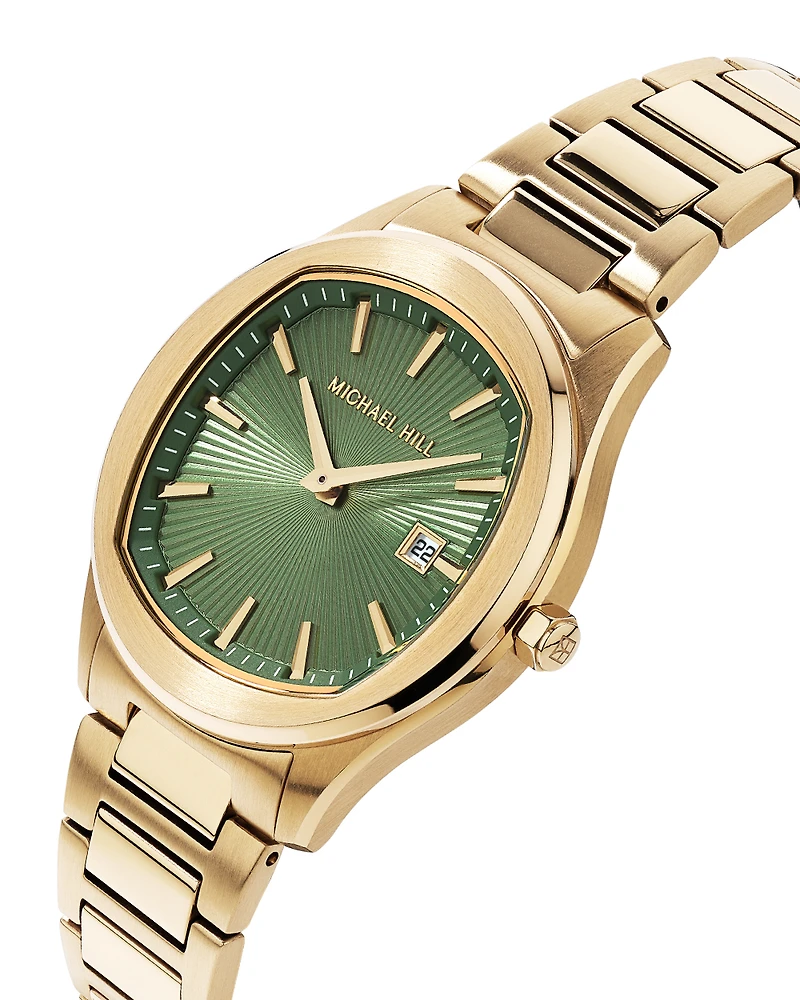 Quartz Watch in Gold Tone with Sunray-Patterned Green Dial