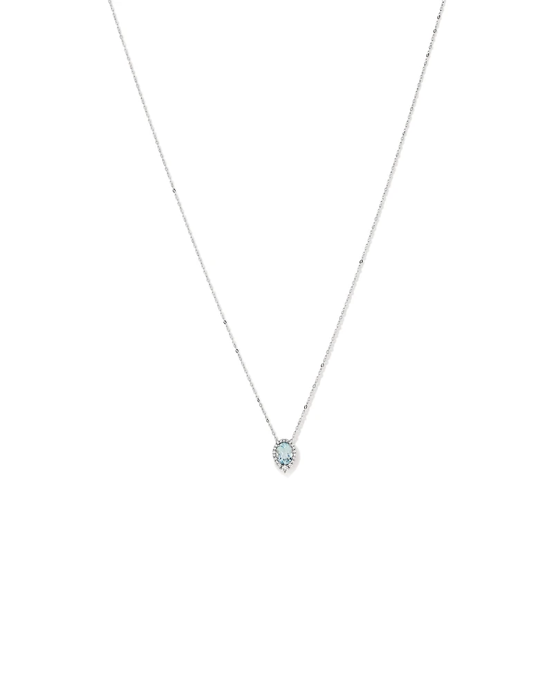 Oval Cut Blue Aquamarine Gemstone and 0.19 Carat TW Diamond Halo Pendant Necklace in 10kt White Gold