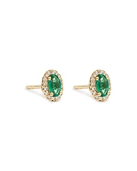 Oval Cut Green Emerald Gemstone and 0.09 Carat TW Diamond Halo Stud Earrings in 10kt Yellow Gold