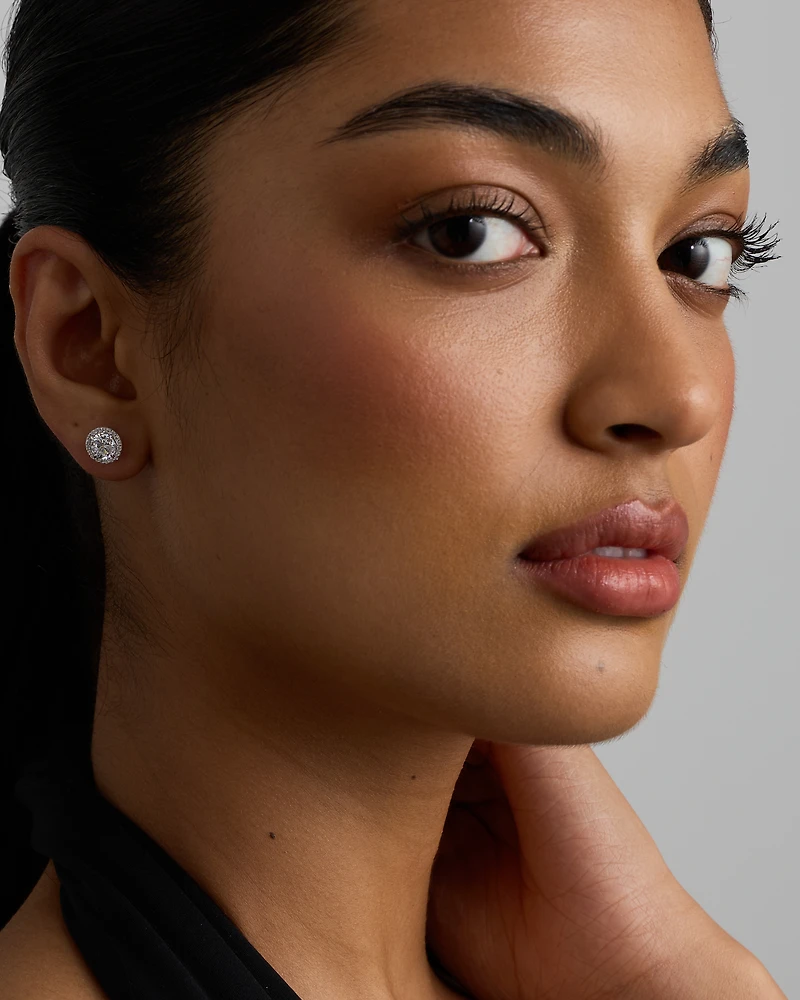Round Brilliant Cubic Zirconia Halo Stud Earrings in Sterling Silver