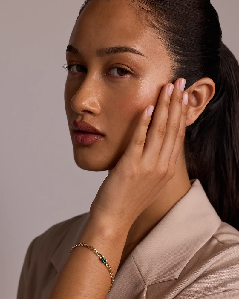 Created Emerald Curb Link Bracelet in 10kt Yellow Gold