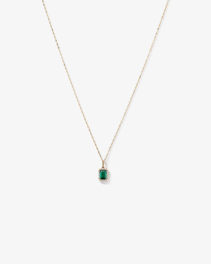 Emerald Cut Green Created Emerald Gemstone and  Diamond Halo Pendant with Chain in 10kt Yellow Gold