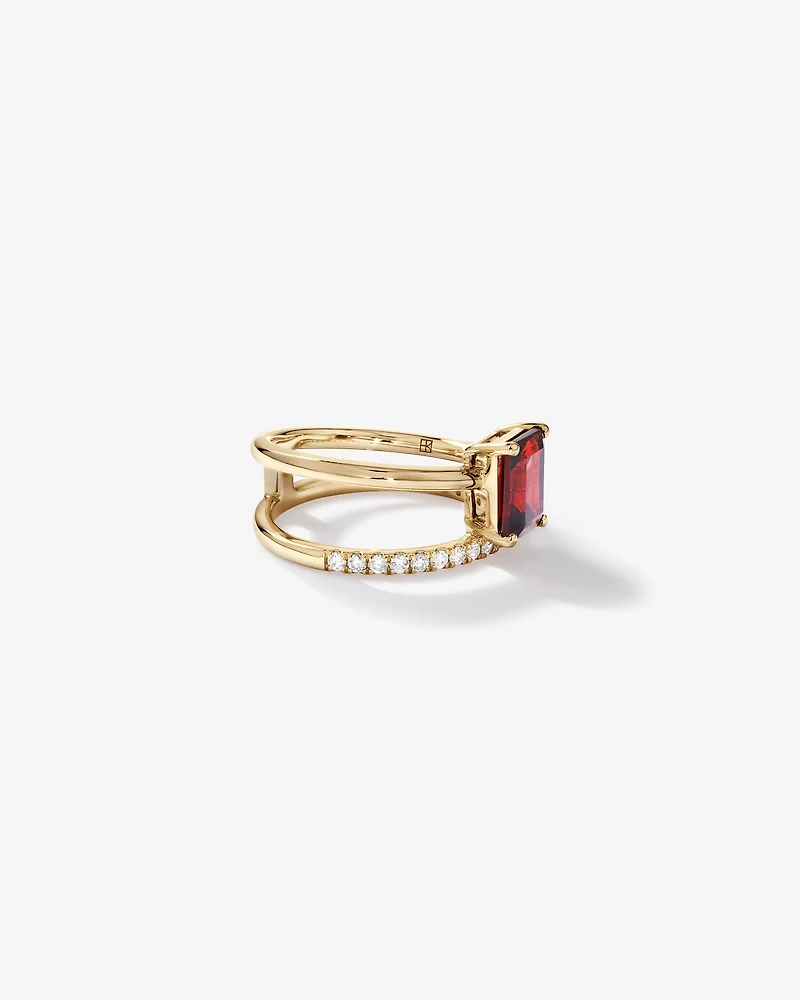 Emerald Cut Garnet with 0.25 Carat TW of Diamonds Double Band Ring in 10kt Yellow Gold
