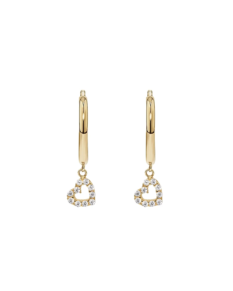 Boucles d'Oreilles Créoles Clous avec Breloque Cœur Ouvert en Zircon Cubique en Or Jaune 10 kt