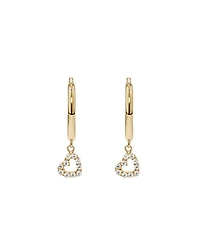 Boucles d'Oreilles Créoles Clous avec Breloque Cœur Ouvert en Zircon Cubique en Or Jaune 10 kt