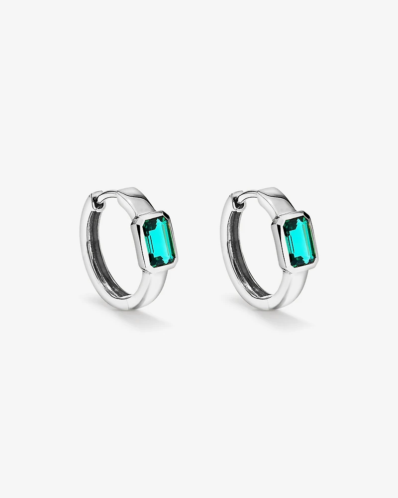 Created Emerald Bezel Huggie Earrings in 10kt White Gold