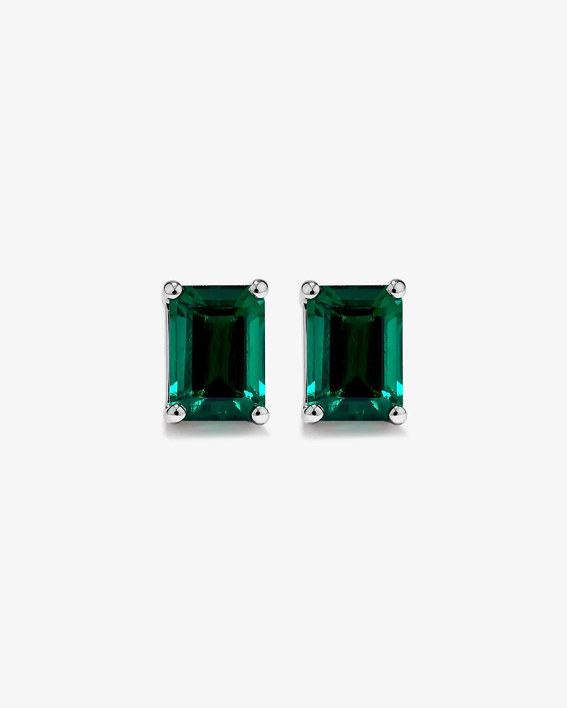 Emerald Cut Green Created Emerald Gemstone Stud Earrings and Pendant Necklace Set in Sterling Silver