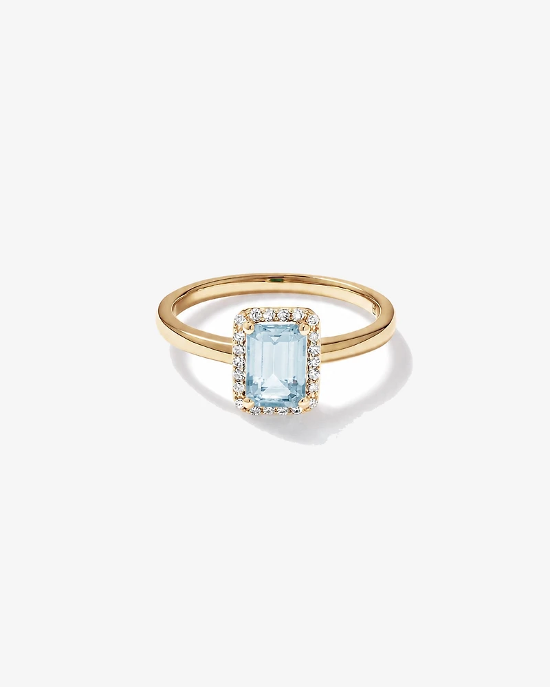 Emerald Cut Aquamarine and Diamond Halo Ring 10kt Yellow Gold