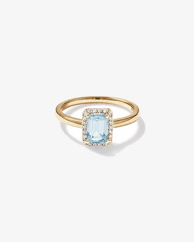 Emerald Cut Aquamarine and Diamond Halo Ring 10kt Yellow Gold