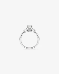 1.10 Carat TW Three Stone Oval and Pear Hidden Halo Engagement Ring in Platinum