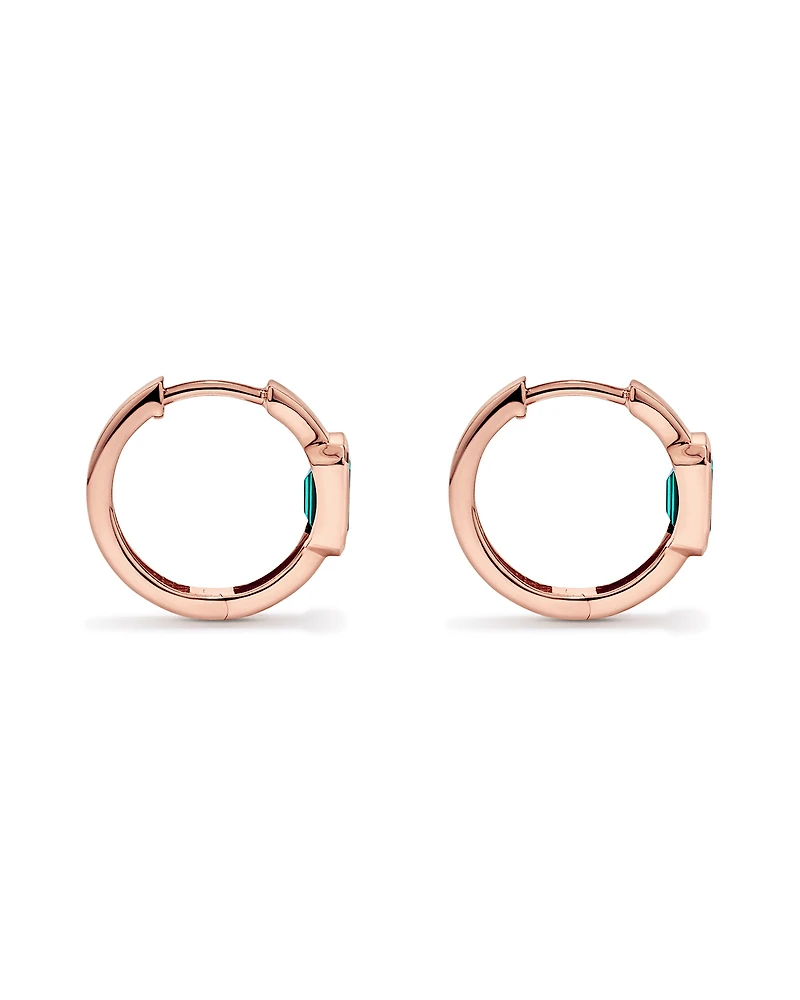 Created Emerald Bezel Huggie Earrings in 10kt Rose Gold