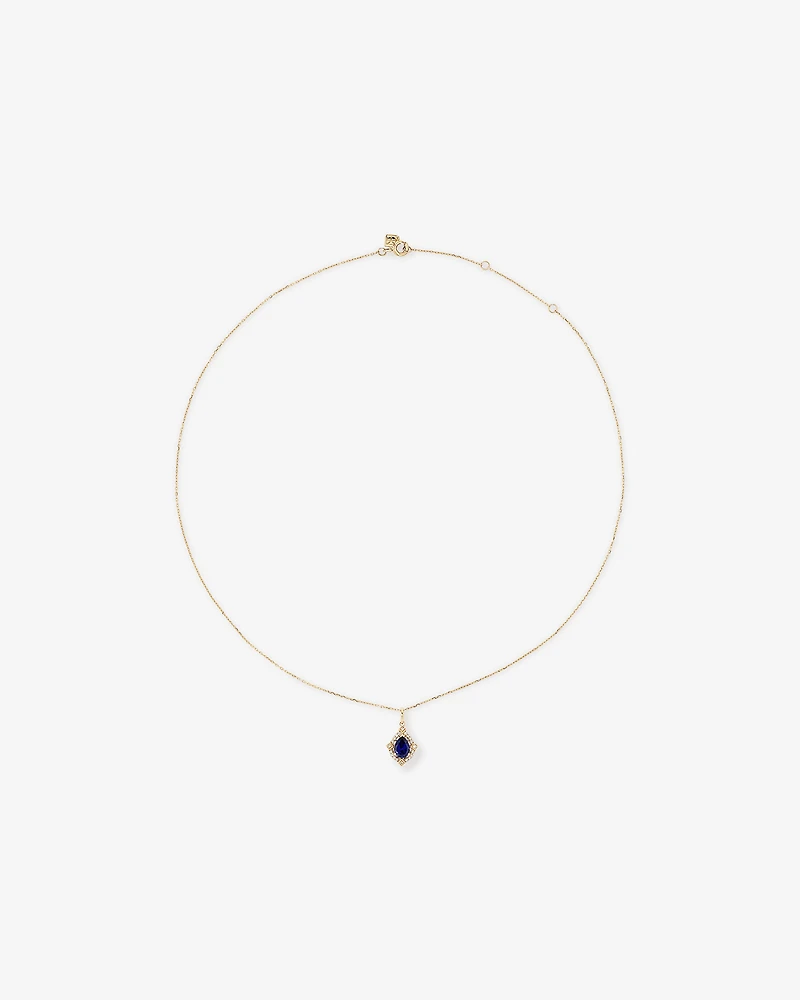 Pear Cut Created Sapphire and Diamond Halo Pendant Necklace in 10kt Yellow Gold