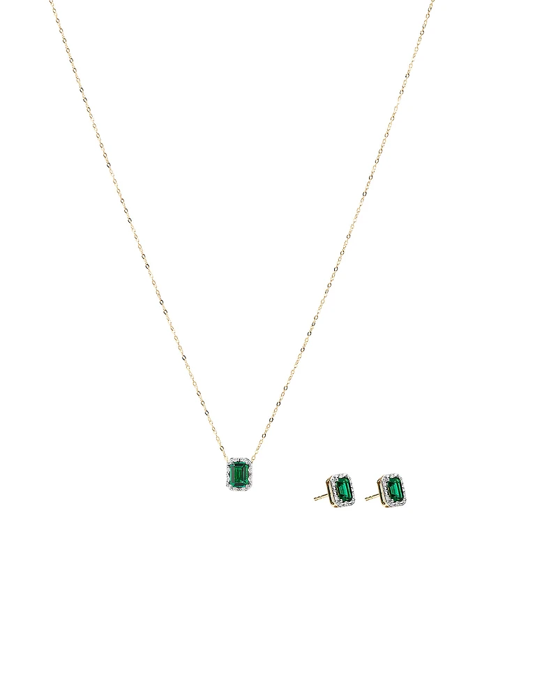 Emerald Cut Green Created Emerald and Lab-Grown Diamond Halo Stud Earrings and Pendant Necklace Set in 10kt Yellow Gold and Rhodium