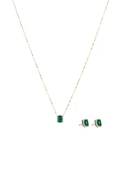 Emerald Cut Green Created Emerald and Lab-Grown Diamond Halo Stud Earrings and Pendant Necklace Set in 10kt Yellow Gold and Rhodium