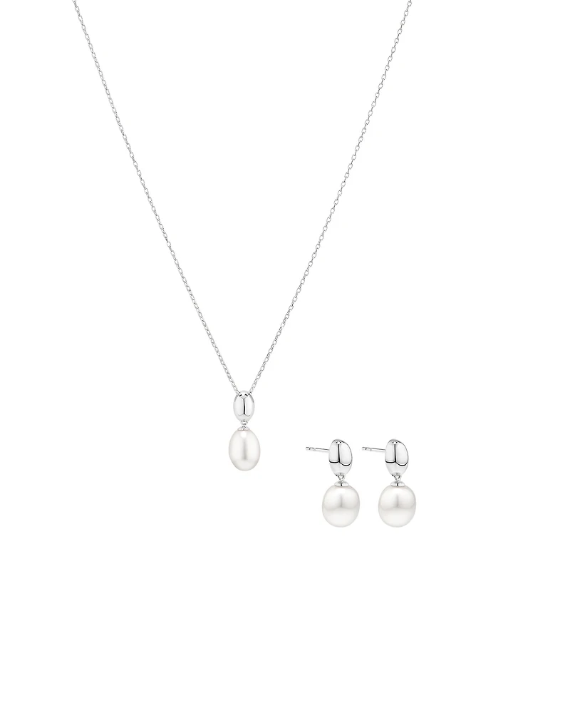 Oval Cultured Freshwater Pearl Dome Drop Stud Earrings and Pendant Necklace Set in Sterling Silver