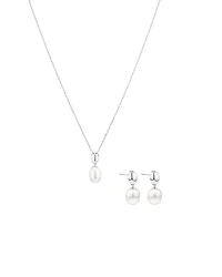 Oval Cultured Freshwater Pearl Dome Drop Stud Earrings and Pendant Necklace Set in Sterling Silver