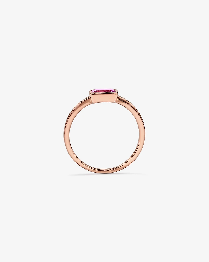 Emerald Cut Pink Created Sapphire East-to-West Set Bezel Ring 10kt Rose Gold