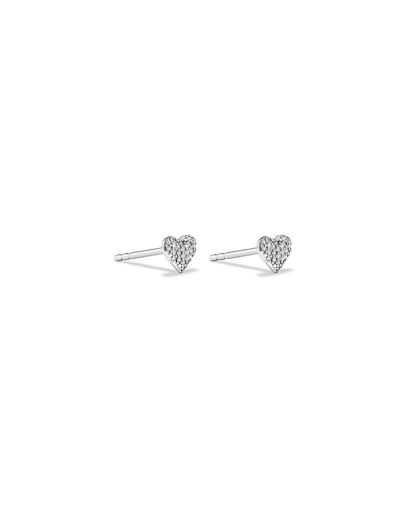 Fine Pave Diamond Heart Stud Earrings in Sterling Silver
