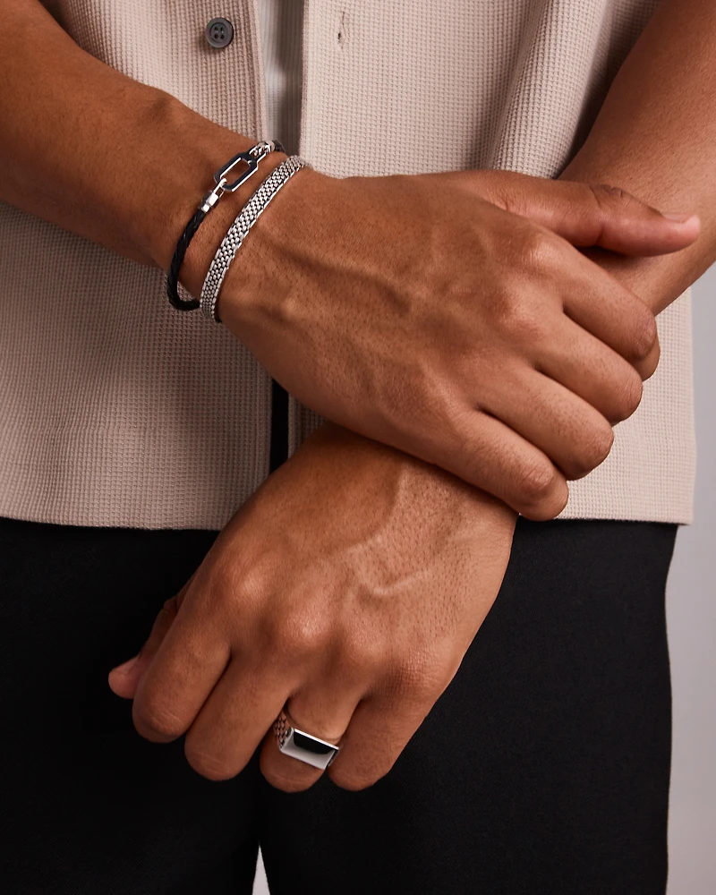 Men's Braided Leather Bracelet with Sterling Silver