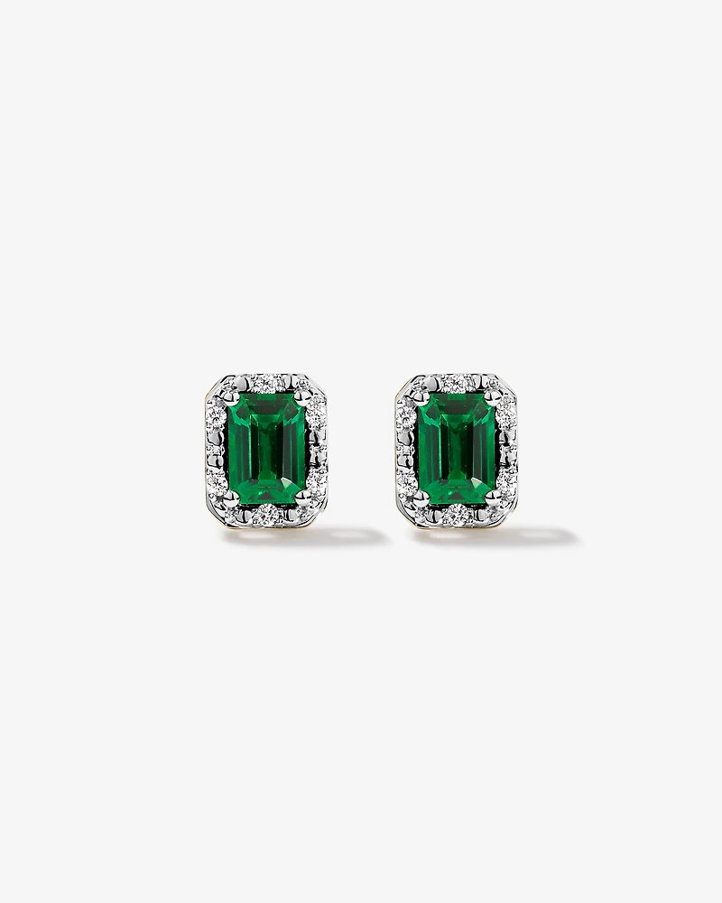Emerald Cut Green Created Emerald and Lab-Grown Diamond Halo Stud Earrings and Pendant Necklace Set in 10kt Yellow Gold and Rhodium