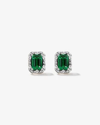 Emerald Cut Green Created Emerald and Lab-Grown Diamond Halo Stud Earrings and Pendant Necklace Set in 10kt Yellow Gold and Rhodium
