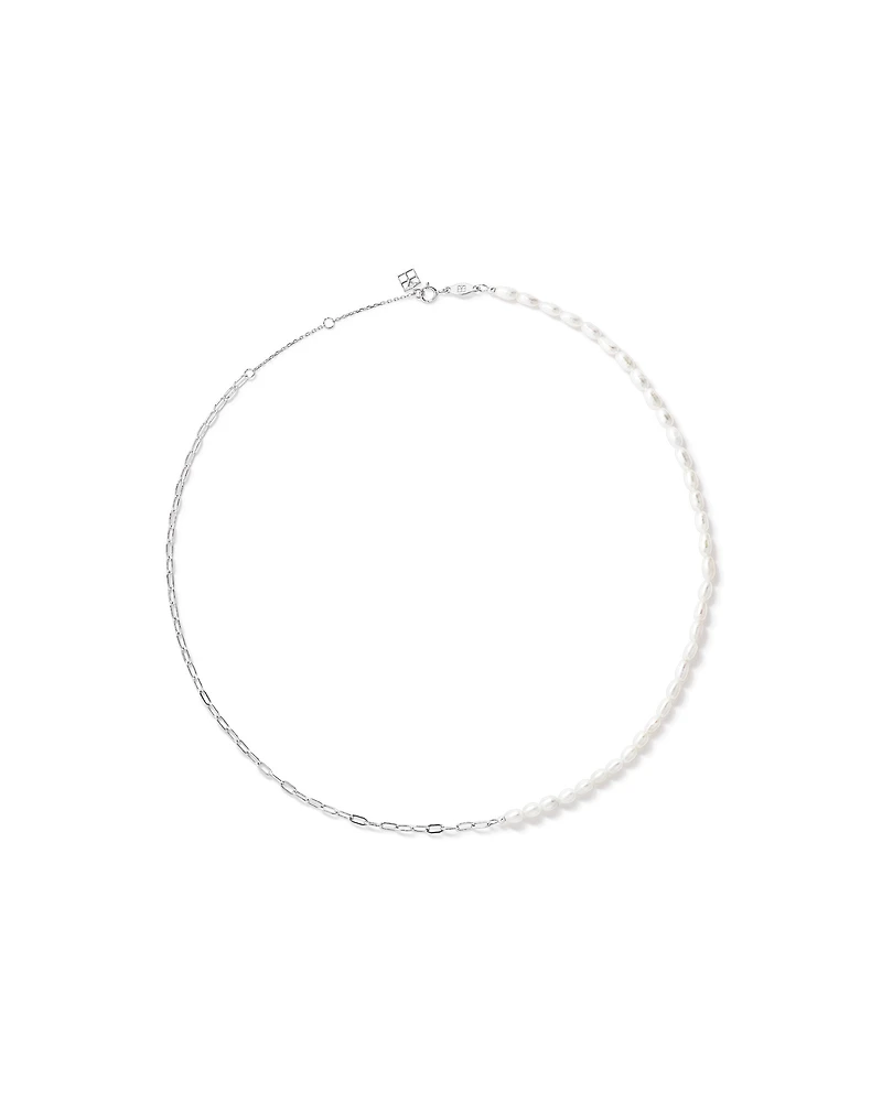 Half Cultured Freshwater Pearl Half Paperclip Chain Necklace in Sterling Silver