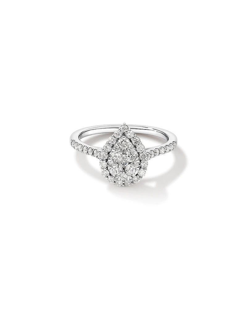 0.79 Carat TW Pear Shaped Cluster Diamond Halo Engagement Ring in 14kt White Gold