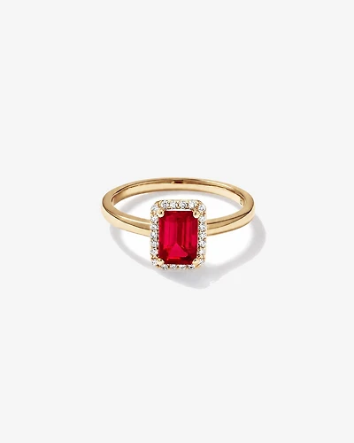 Emerald Cut Created Ruby and Diamond Halo Ring 10kt Yellow Gold
