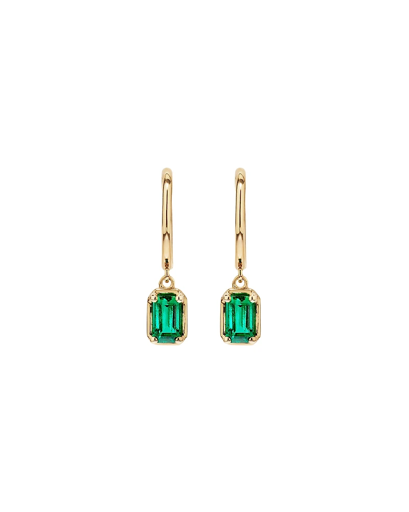 Created Emerald Gemstone Drop Hoop Earrings in 10kt Yellow Gold