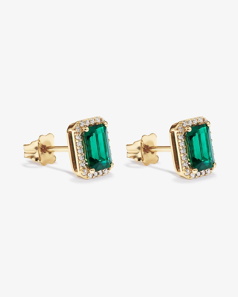 Emerald Cut Green Created Emerald Gemstone and Diamond Halo Earrings in 10kt Yellow Gold