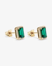 Emerald Cut Green Created Emerald Gemstone and Diamond Halo Earrings in 10kt Yellow Gold