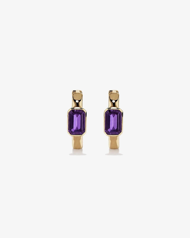 Amethyst Bezel Huggie Earrings in 10kt Yellow Gold