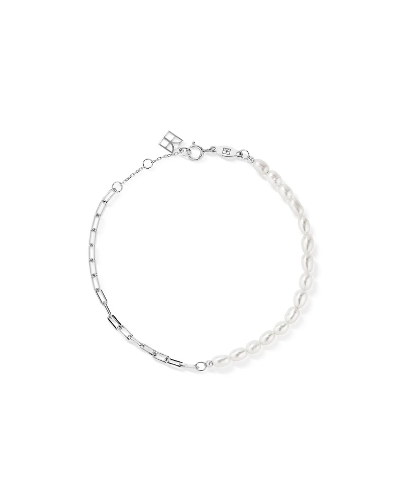 Half Cultured Freshwater Pearl Half Paperclip Chain Bracelet in Sterling Silver