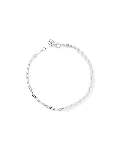 Half Cultured Freshwater Pearl Half Paperclip Chain Bracelet in Sterling Silver