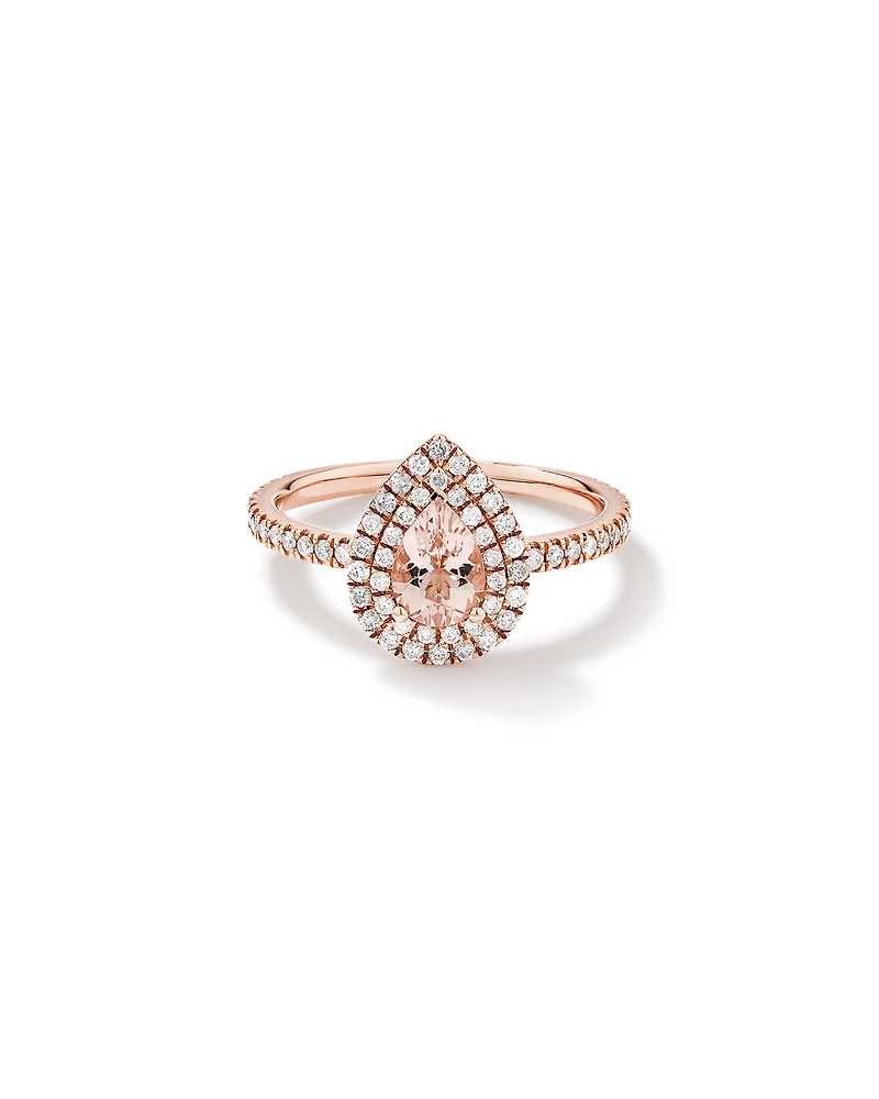 Pear Cut Morganite Gemstone and 0.45 Carat TW Diamond Halo and Side Accent Engagement Ring in 10kt Rose Gold