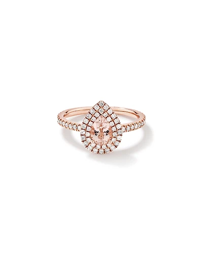 Pear Cut Morganite Gemstone and 0.45 Carat TW Diamond Halo and Side Accent Engagement Ring in 10kt Rose Gold