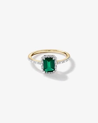 Emerald Cut Green Created Emerald and Lab-Grown Diamond Halo Ring in 10kt Yellow Gold and Rhodium